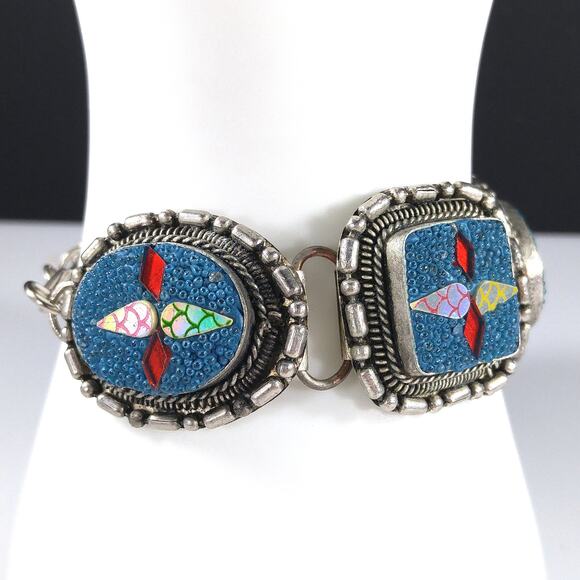 Art Crafted Five Linked Bracelet, Silver Tone, Iridescent Design, 1960s Vintage - Picture 3 of 10